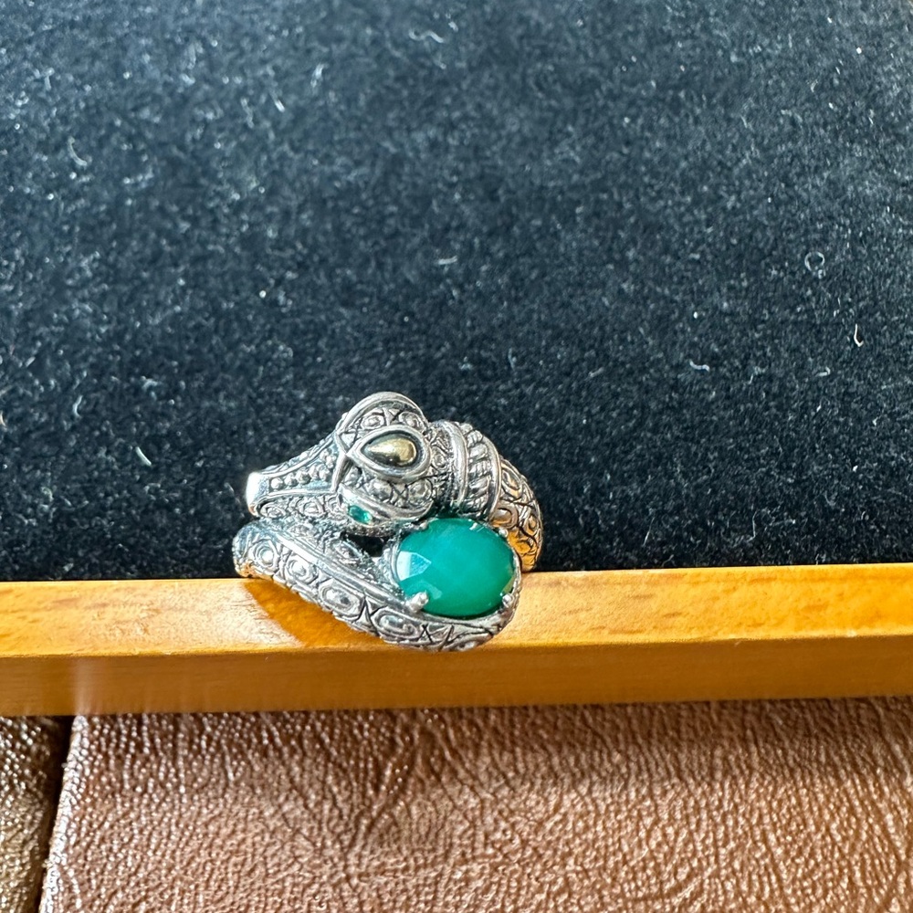 John Hardy Silver Snake Ring with Green Stone